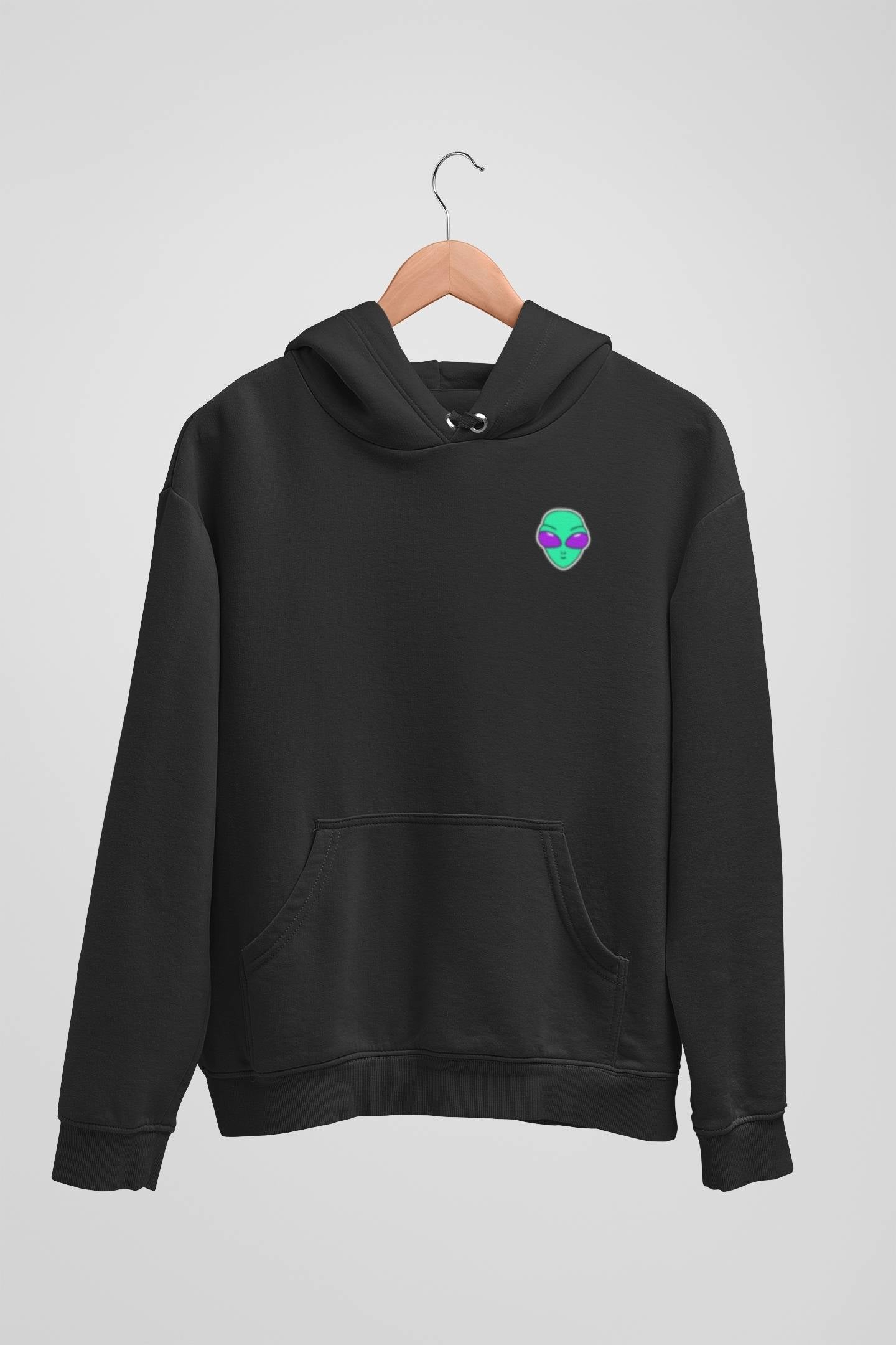 Alienhead Hoodie in black, front view hanging on a hanger showcasing bold alien graphic and relaxed fit