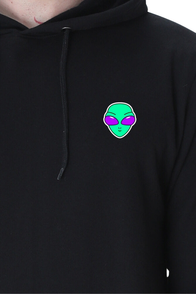 Alienhead Hoodie in black, close-up of pocket showcasing bold alien graphic design and premium craftsmanship