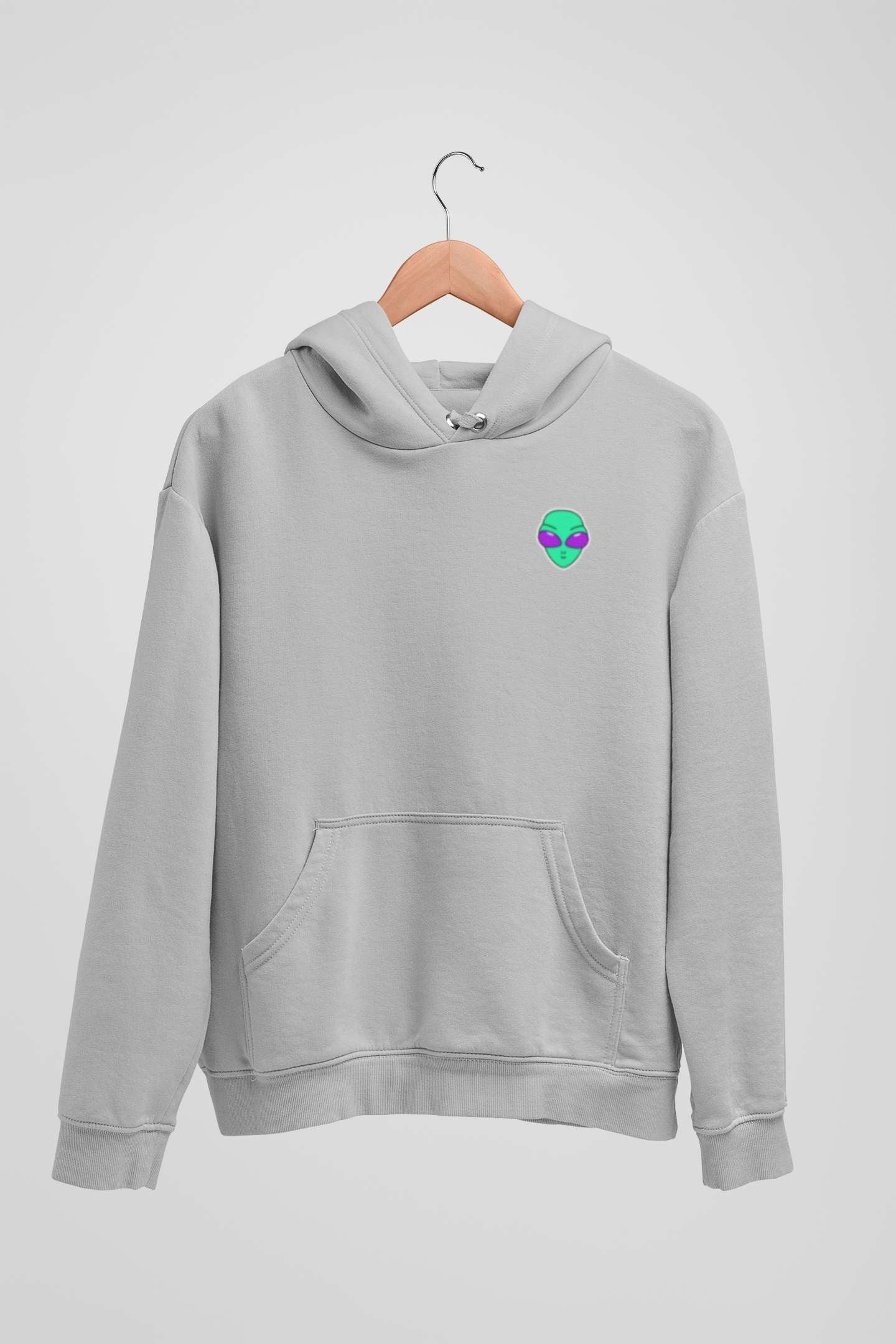 Alienhead Hoodie in grey melange, front view hanging on a hanger showcasing bold alien graphic and relaxed fit