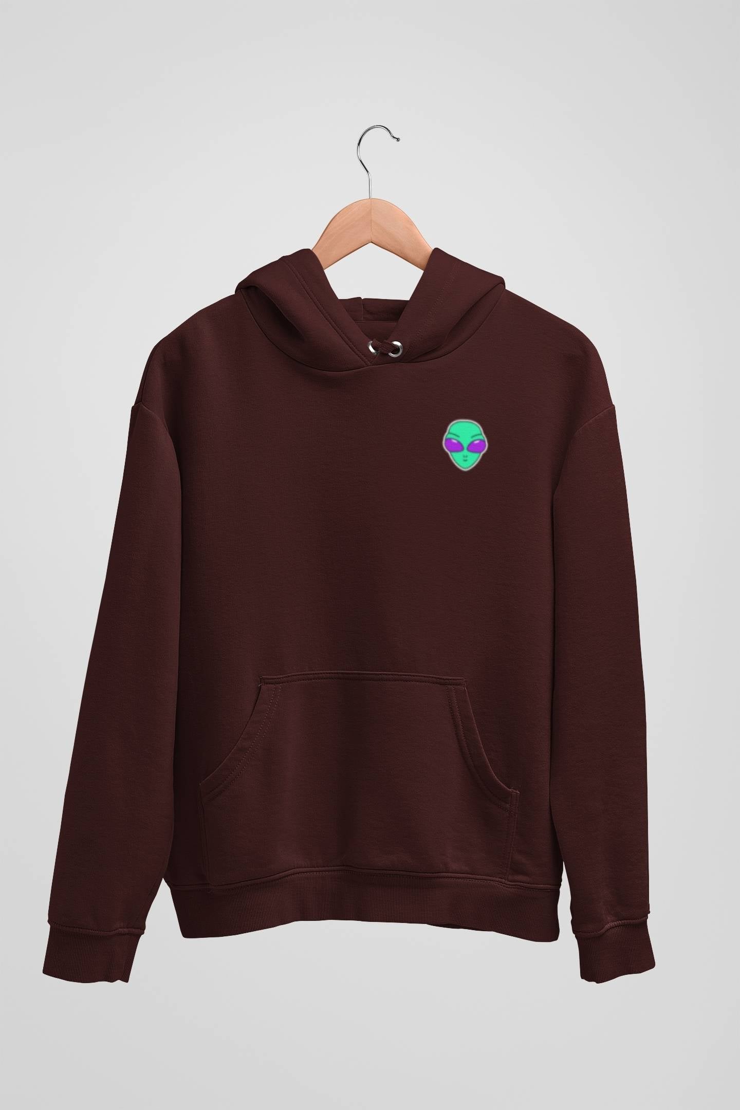 Alienhead Hoodie in maroon, front view hanging on a hanger showcasing bold alien graphic and relaxed fit