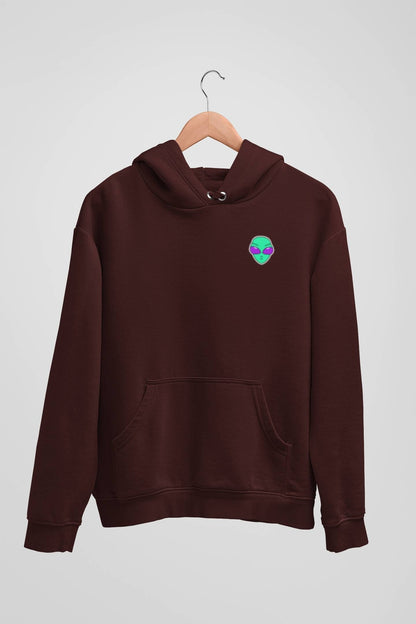 Alienhead Hoodie in maroon, front view hanging on a hanger showcasing bold alien graphic and relaxed fit