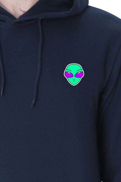 Alienhead Hoodie in navy blue, close-up of pocket showcasing bold alien graphic design and premium craftsmanship