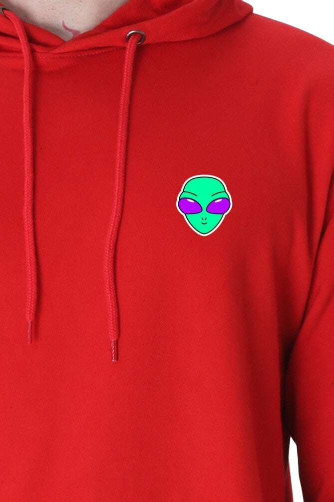 Alienhead Hoodie in red, close-up of pocket showcasing bold alien graphic design and premium craftsmanship