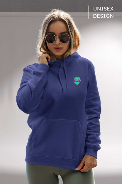 Alienhead Hoodie in royal blue, front view worn by female model showcasing bold alien graphic and relaxed fit