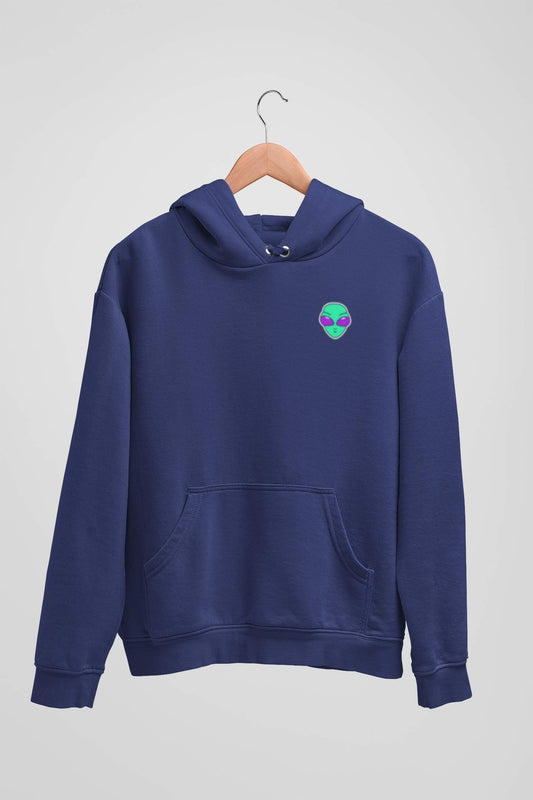 Alienhead Hoodie in royal blue, front view hanging on a hanger showcasing bold alien graphic and relaxed fit