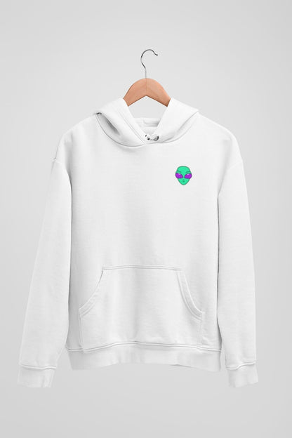 Alienhead Hoodie in white, front view hanging on a hanger showcasing bold alien graphic and relaxed fit