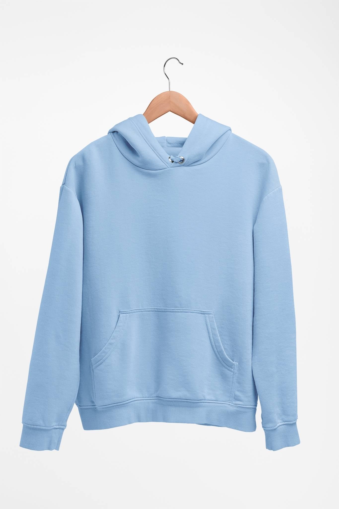 Classic hoodie in baby blue, front view showcasing a soft and stylish design