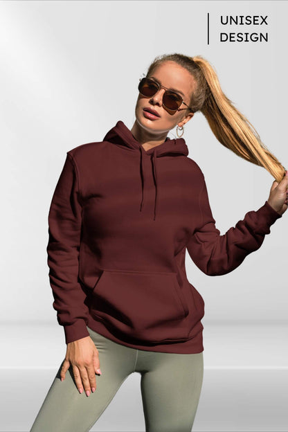 Classic Hoodie in maroon, front view worn by female model showcasing relaxed fit and premium fabric