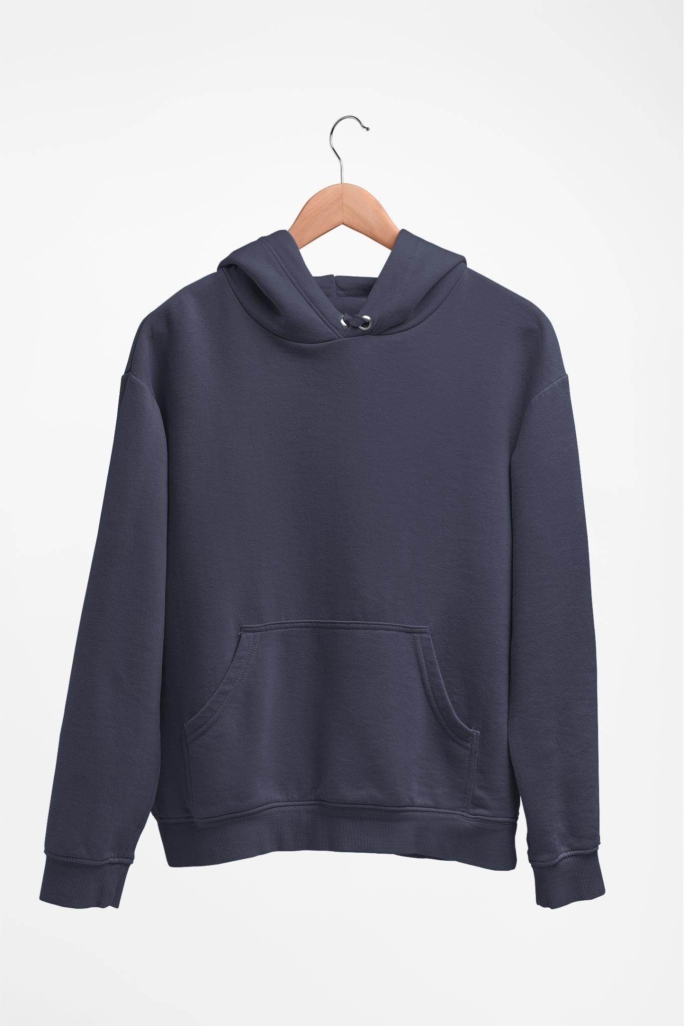 Classic hoodie in navy blue, front view showcasing a sleek and casual fit