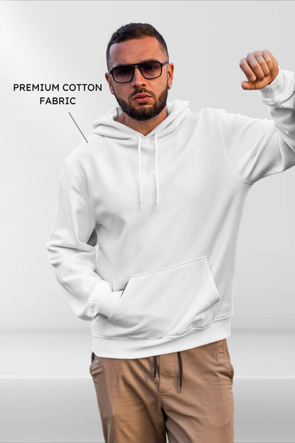 Classic Hoodie in white, front view worn by male model showcasing relaxed fit and premium fabric