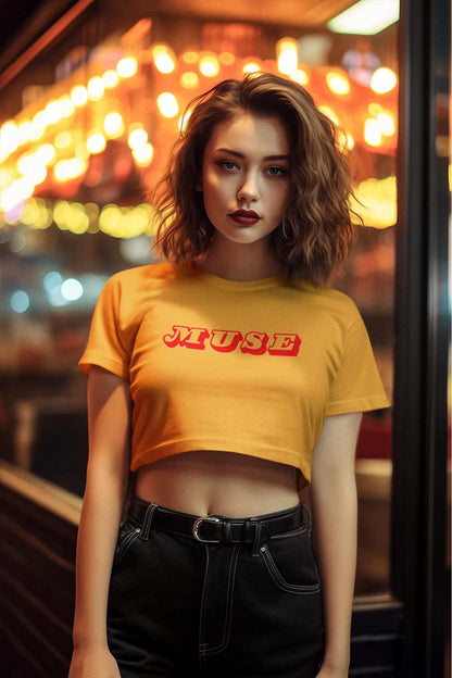 Muse crop top in golden yellow worn by model