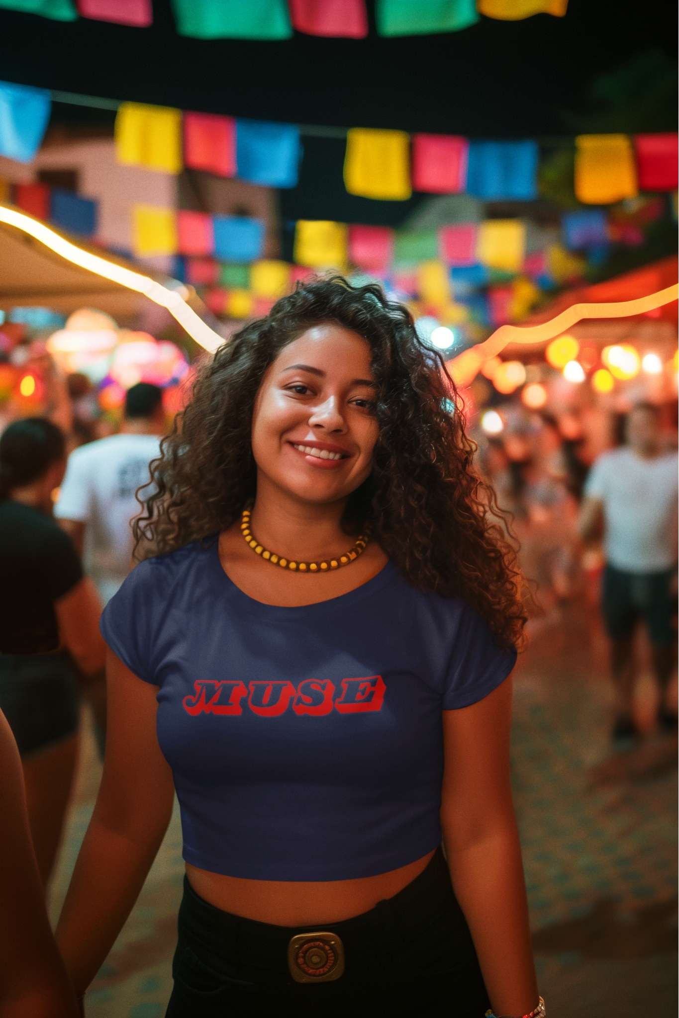 Muse crop top in navy blue, front view with a trendy and sleek design