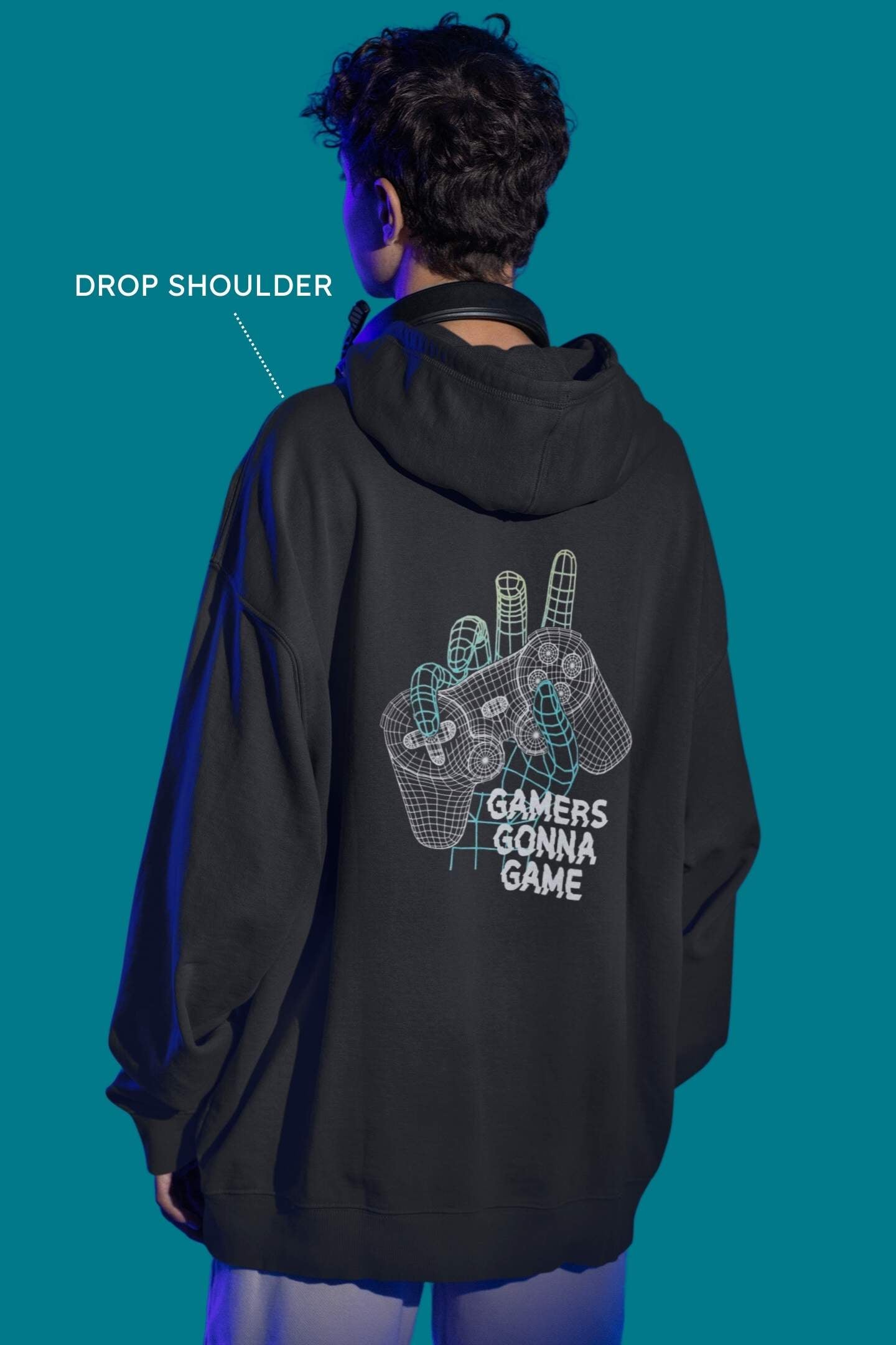 Oversized Gamer Hoodie in black, back view showcasing relaxed fit and premium craftsmanship