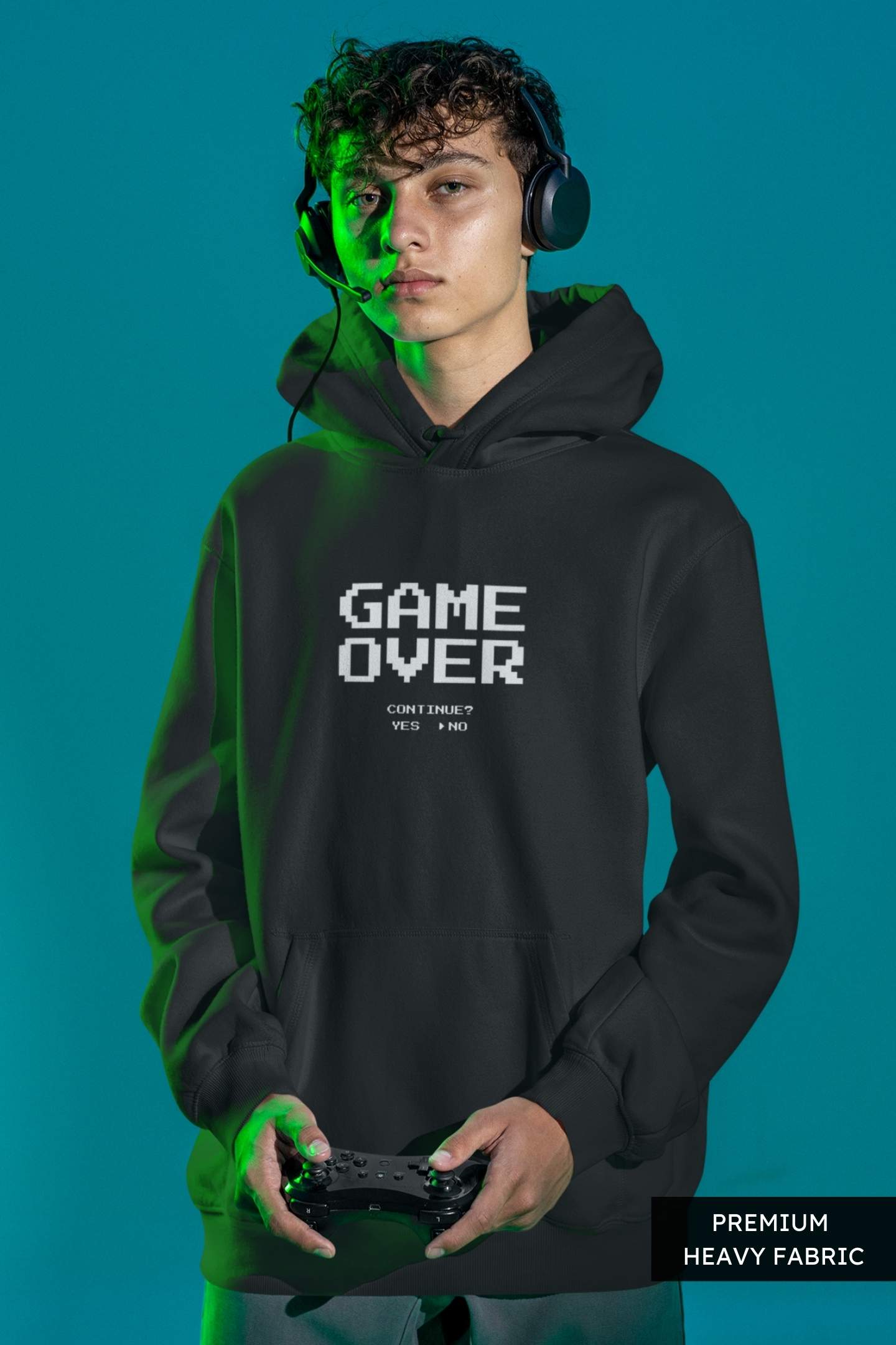 Oversized Gamer Hoodie in black, front view showcasing bold graphic design and relaxed fit