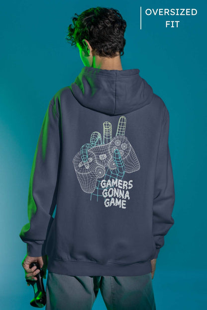 Oversized Gamer Hoodie in navy blue, back view showcasing relaxed fit and premium craftsmanship