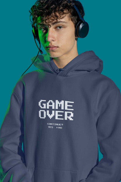 Oversized Gamer Hoodie in navy blue, front view showcasing bold graphic design and relaxed fit