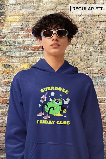 Unisex Friday Overdose Hoodie in royal blue, front view worn by a male model showcasing bold graphic design