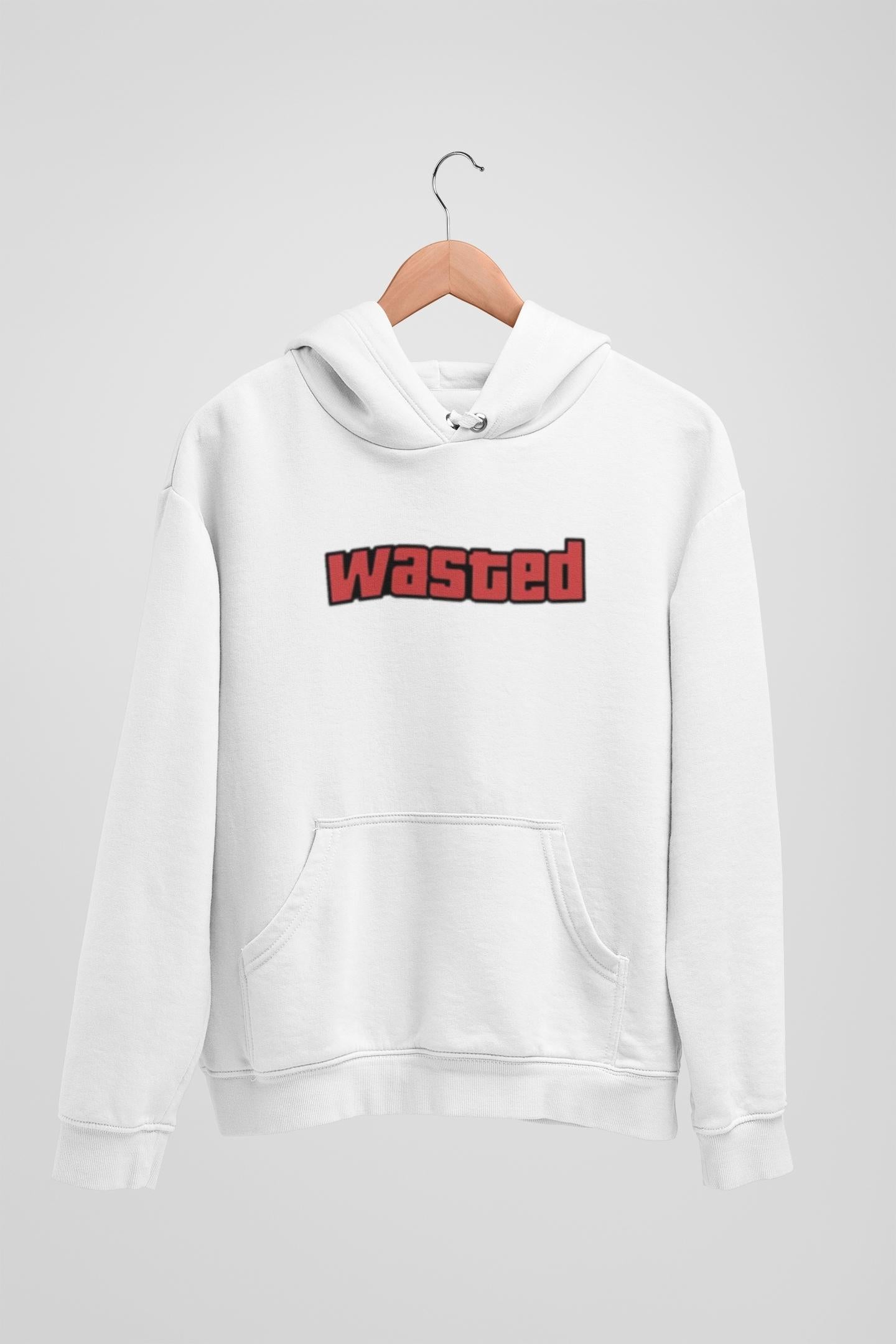 Wasted Hoodie in white, front view hanging on a hanger showcasing bold graphic design and premium craftsmanship