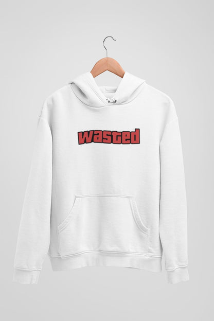 Wasted Hoodie in white, front view hanging on a hanger showcasing bold graphic design and premium craftsmanship